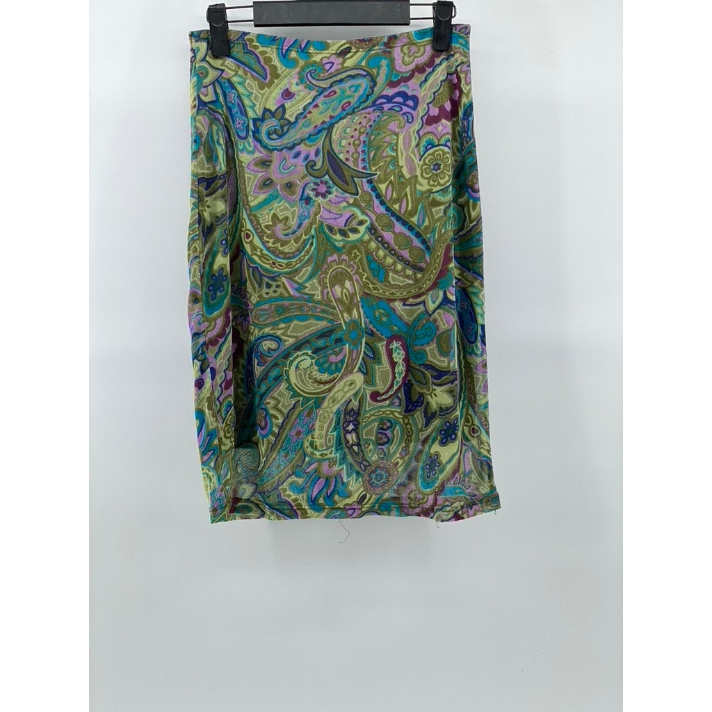 CLUE Women's Green Paisley Print Vintage Y2K Straight Knee-Length Skirt SZ M