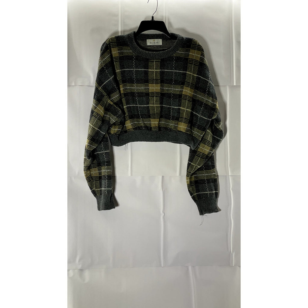 BILL BLASS Women's Blue/Yellow Plaid Crewneck Long Sleeve Cropped Sweater SZ M