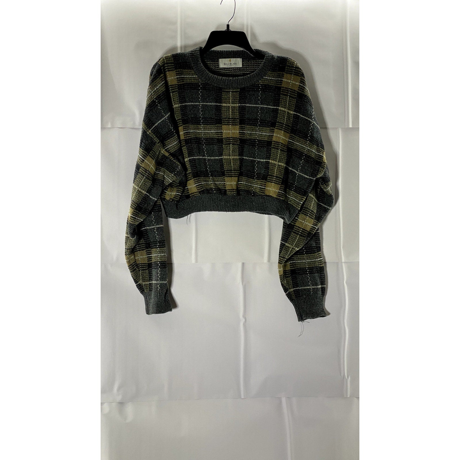 BILL BLASS Women's Blue/Yellow Plaid Crewneck Long Sleeve Cropped Sweater SZ M