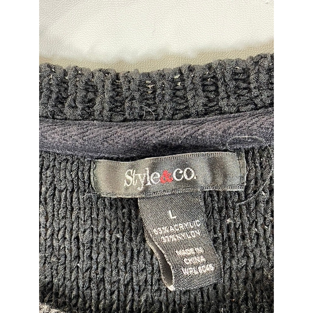 STYLE & CO Women's Black Knit Long Sleeve Crewneck Pullover Sweater SZ L