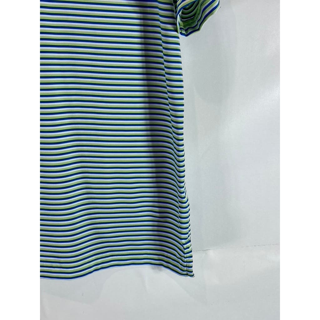 LANDS' END Men's Green/Blue Striped Shoe Graphic Short Sleeve Polo SZ M