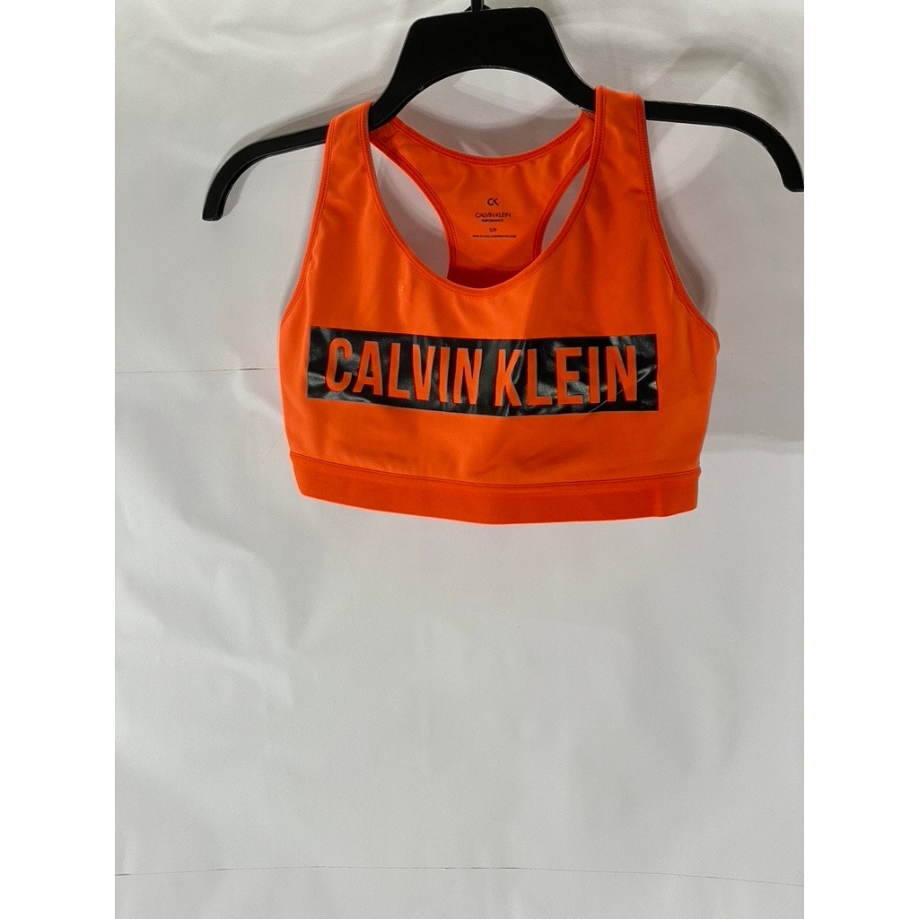CALVIN KLEIN Women's Orange-Black Logo Scoop-Neck Racerback Sports Bra SZ S