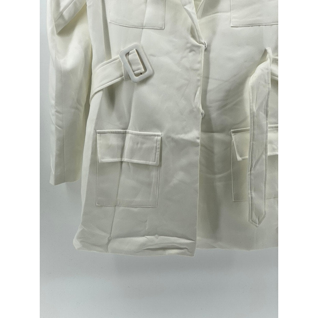LIONESS Women's White Button-Up Long Sleeve Notch Collar Belted Mini Blazer SZ M