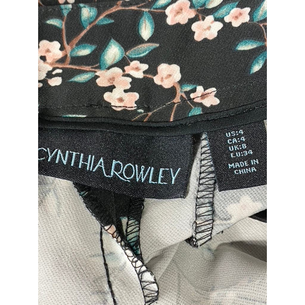 CYNTHIA ROWLEY Women's Black Floral Print Straight-Leg Cropped Pants SZ 4