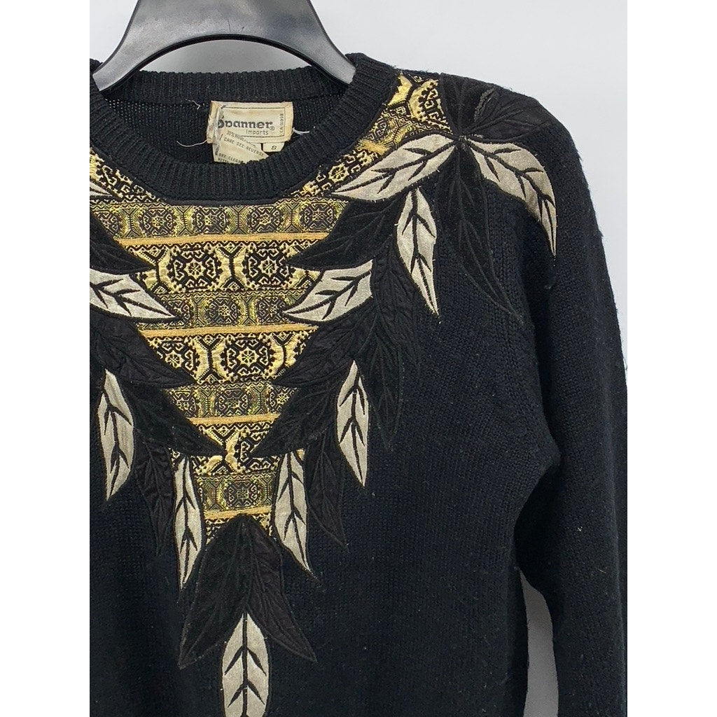 SPANNER IMPORTS Women's Black Vintage 90's Leaf Embroidered Knit Sweater SZ S