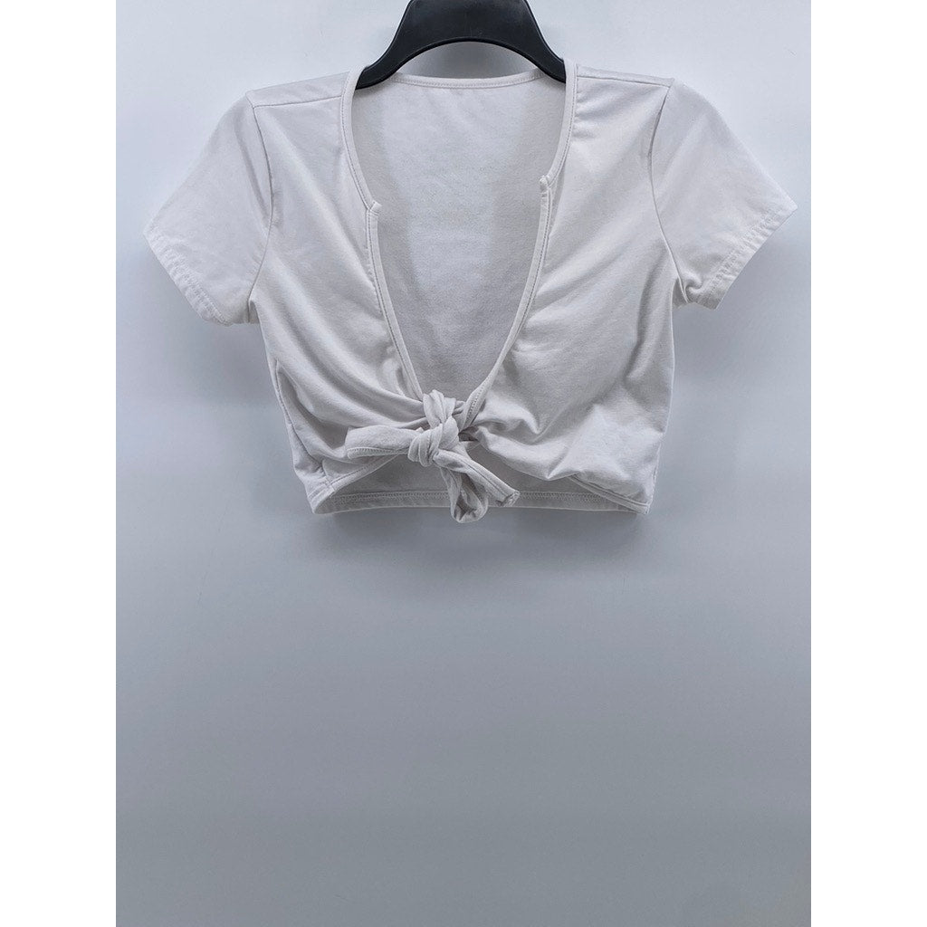 UNBRANDED Women's White Solid V-Neck Short Sleeve Tie-Knot Crop Top SZ S