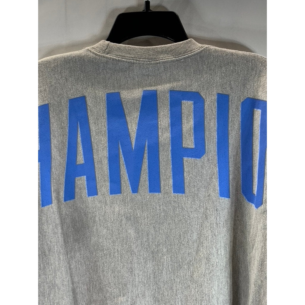 CHAMPION Reverse Weave Men's Gray/Blue Crewneck Large Logo Sweatshirt SZ M