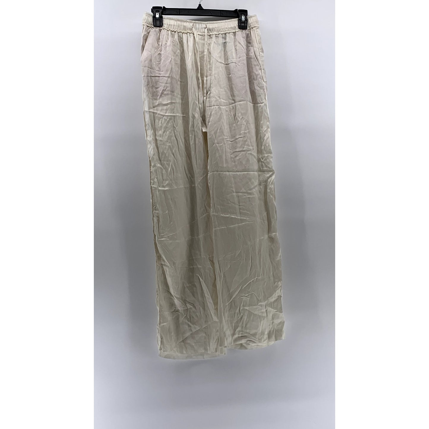 ZARA Women's Off-White Silk Drawstring Relaxed Fit Pull-On Pajama Pants SZ M