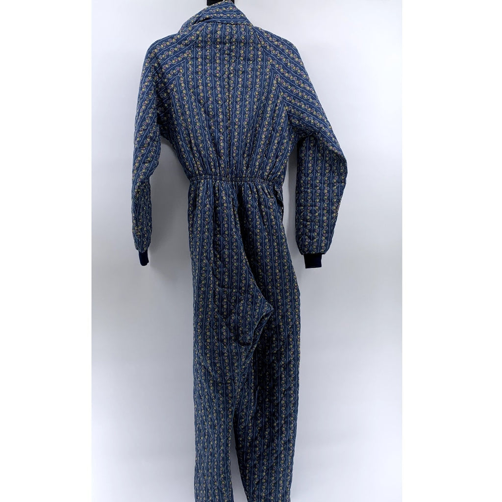 LILLIAN LOROW Women's Blue 1970's Liberty Floral Quilted Belted Jumpsuit SZ S