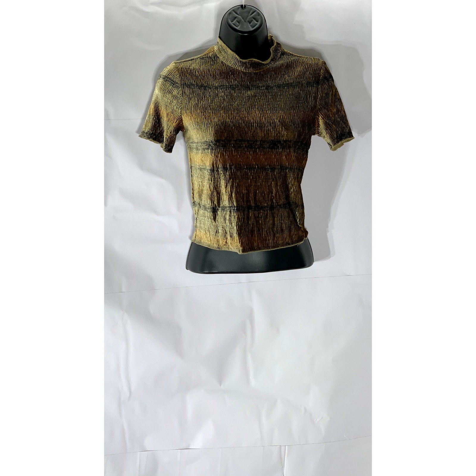 ZARA Women's Brown Printed Crinkle Velvet Mock-Neck Short Sleeve Top SZ S