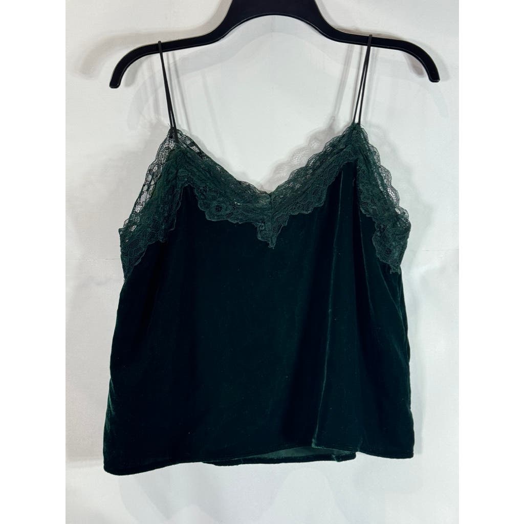 J.O.A Women's Green Lace-Trim V-Neck Crushed Velvet Spaghetti Strap Cami Top SZM