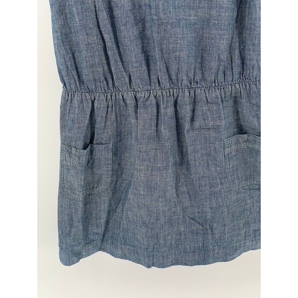 A.P.C. Women's Blue Chambray Crewneck Sleeveless Ruffle-Hem Knee Dress SZ S