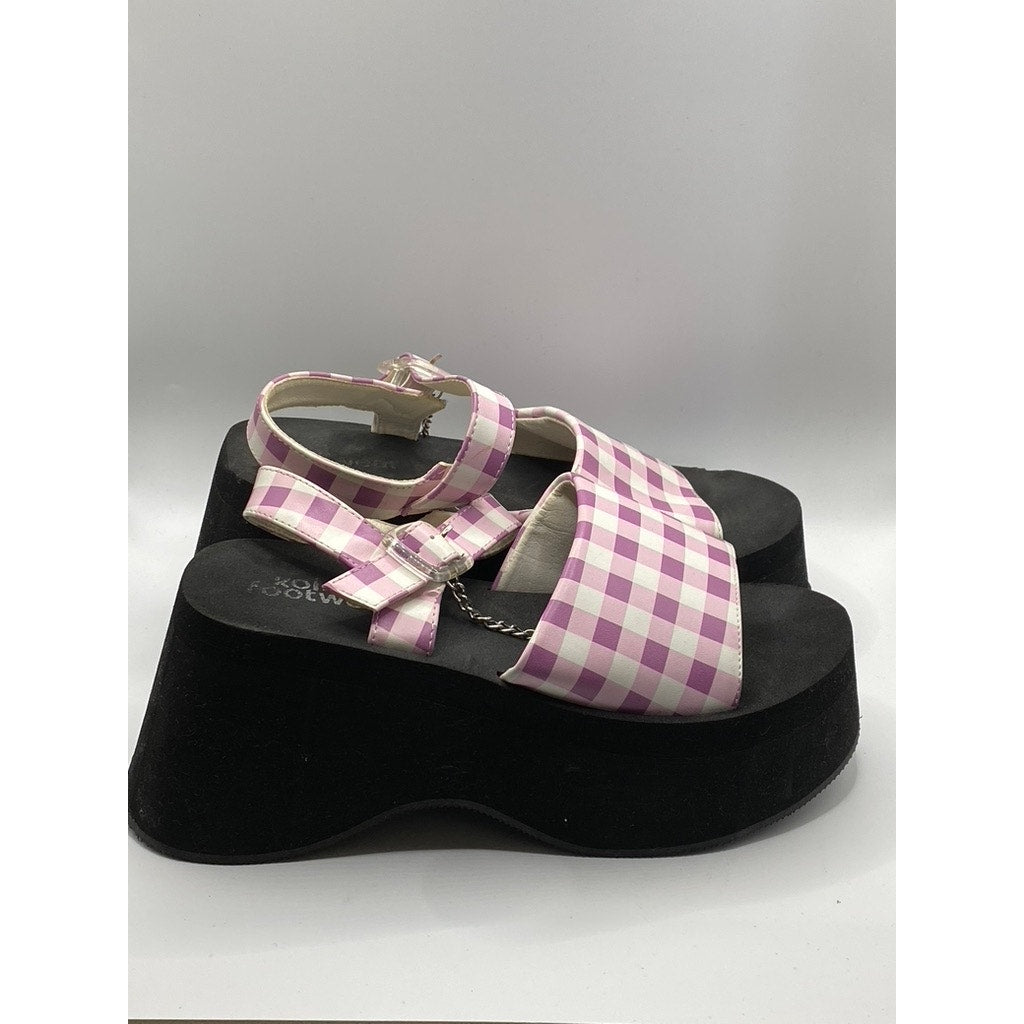 KOI FOOTWEAR Women's Pink-White Plaid Chunky Platform Ankle-Strap Sandals SZ 6