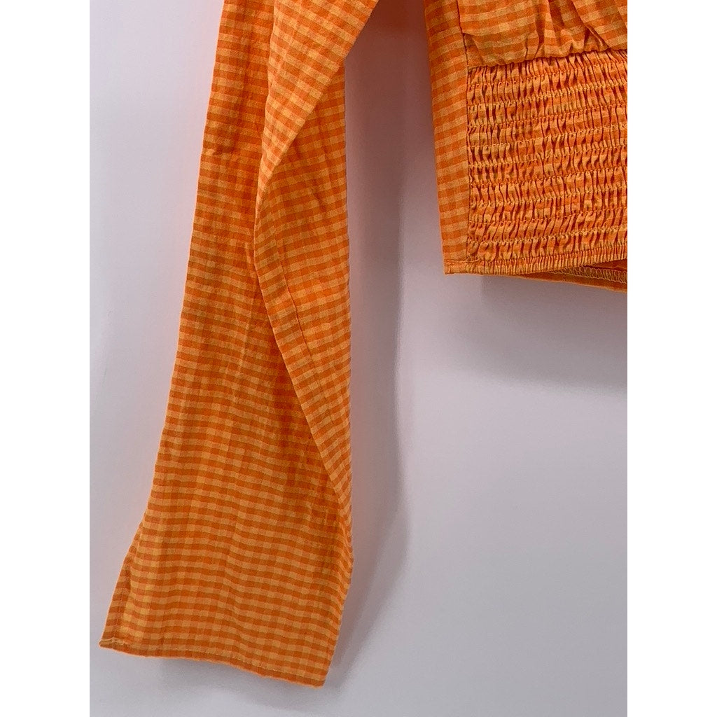BERSHKA Women's Orange-White Gingham Long Sleeve V-Neck Cutout Cropped Top SZ S