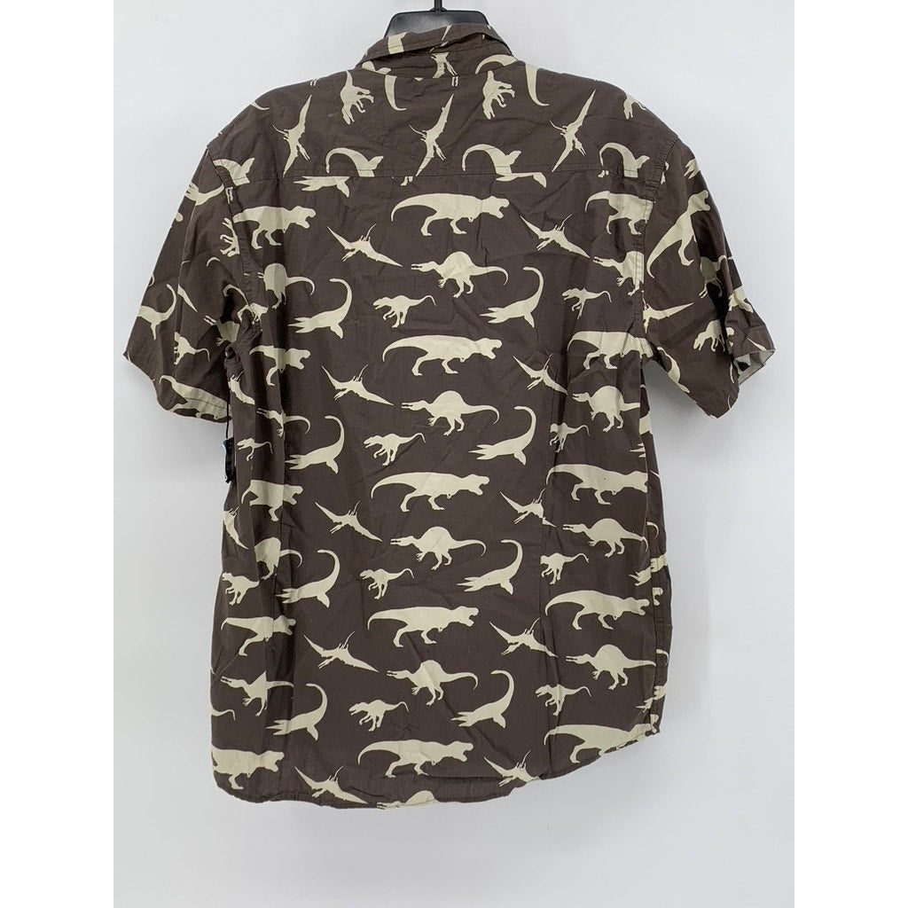 MASSIVE APPAREL Men's Dinosaur Print Brown Button Front Short Sleeve Shirt SZ XL