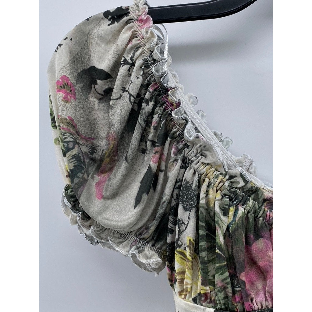 URBAN OUTFITTERS Women's White Floral Ruffle Corset Cropped Top SZ XS