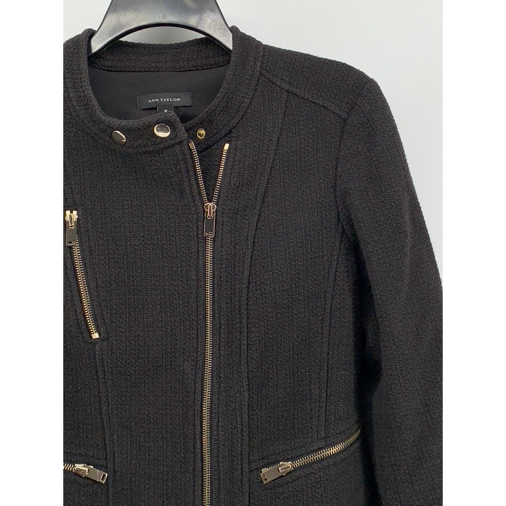 ANN TAYLOR Women's Black Side Zip-Up Collarless Moto Jacket SZ 8
