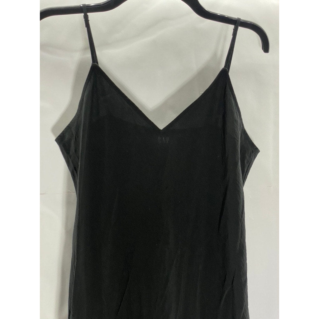 GAP Women's Black Solid V-Neck Adjustable Spaghetti Strap Slip Midi Dress SZ S
