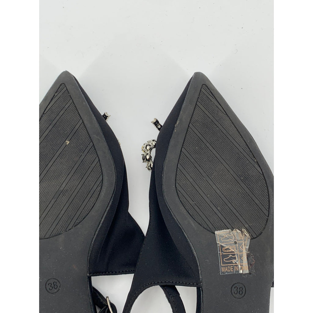 UNBRANDED Women's Black Rhinestone Bow Pointed-Toe Block-Heel Slingback SZ 7