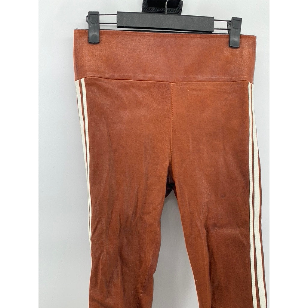 SPRWMN Women's Cognac-White Athletic Striped Capri Leather Leggings SZ S