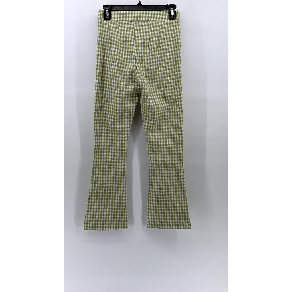 BERSHKA Women's Green-White Gingham Kick Flare Pocketless Split Hem Pant SZ 2