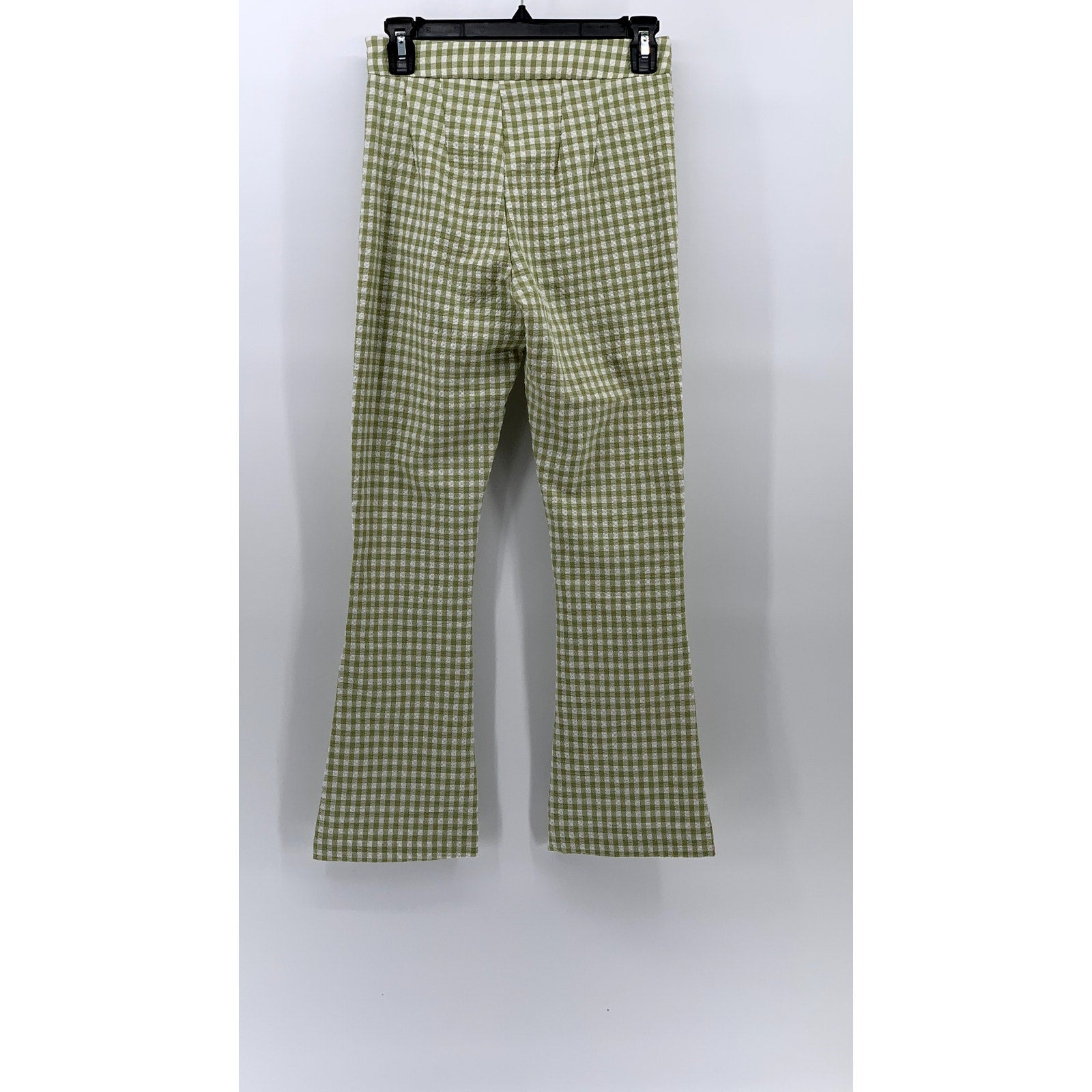 BERSHKA Women's Green-White Gingham Kick Flare Pocketless Split Hem Pant SZ 2