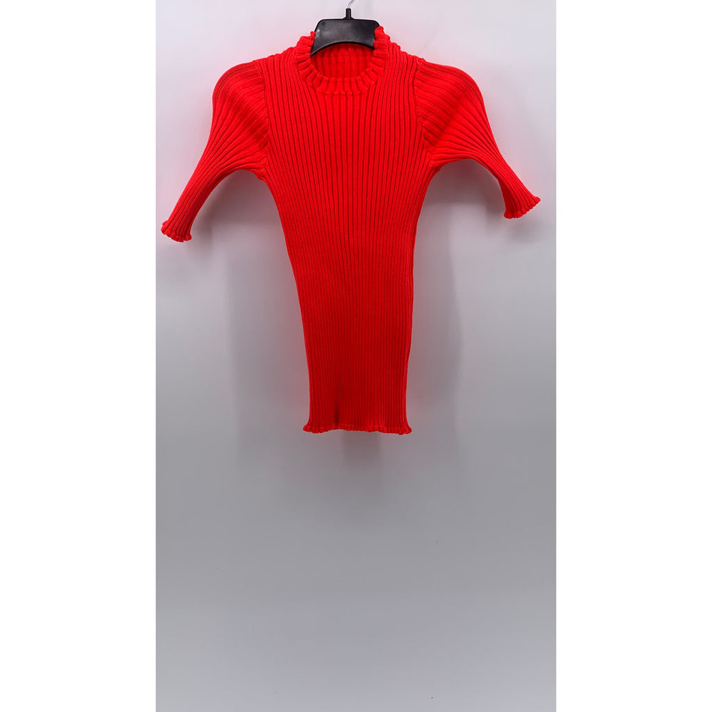 UNBRANDED Women's Neon Orange Ribbed High-Neck Short Sleeve Top SZ XS/S