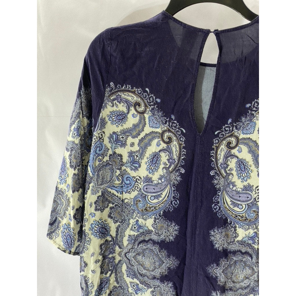 H&M Women's Blue Paisley Print Crewneck Short Sleeve Back Keyhole Dress SZ 2