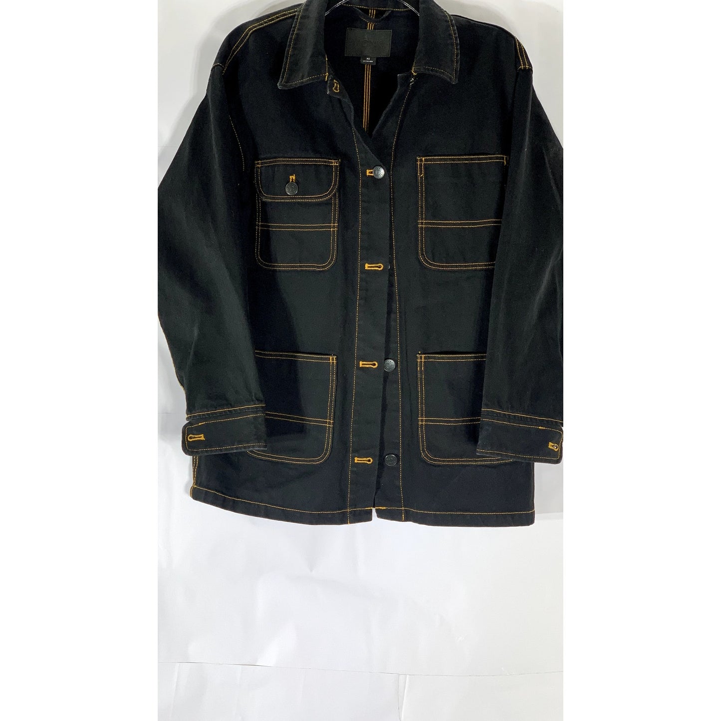 MONKI Women’s Black Denim Overstitch Four Pocket Trucker Jacket SZ XS