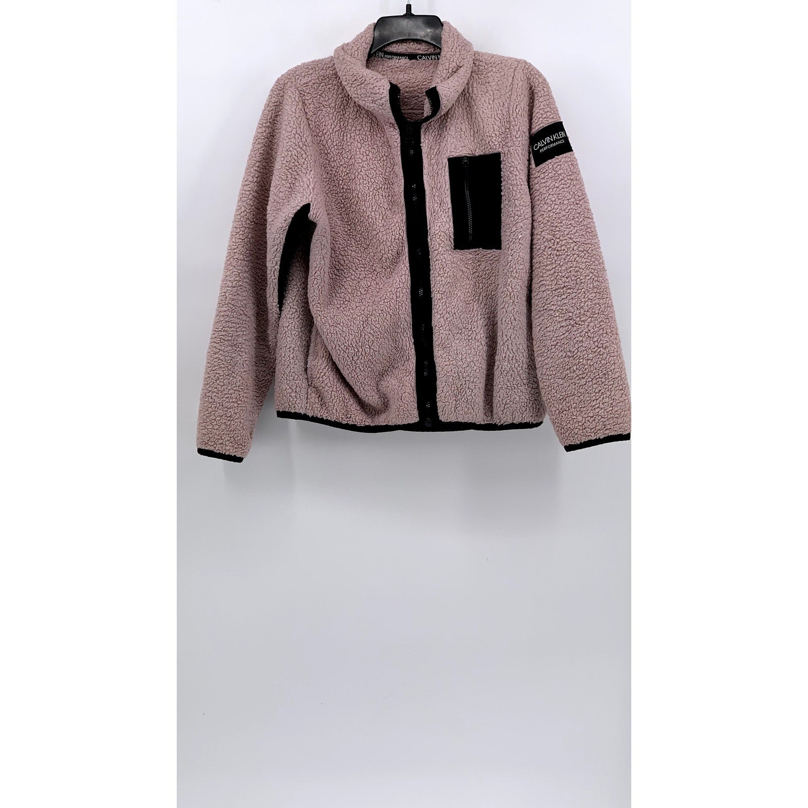 CALVIN KLEIN Women’s Pink-Black Sherpa Fleece Zip-Up Jacket SZ S