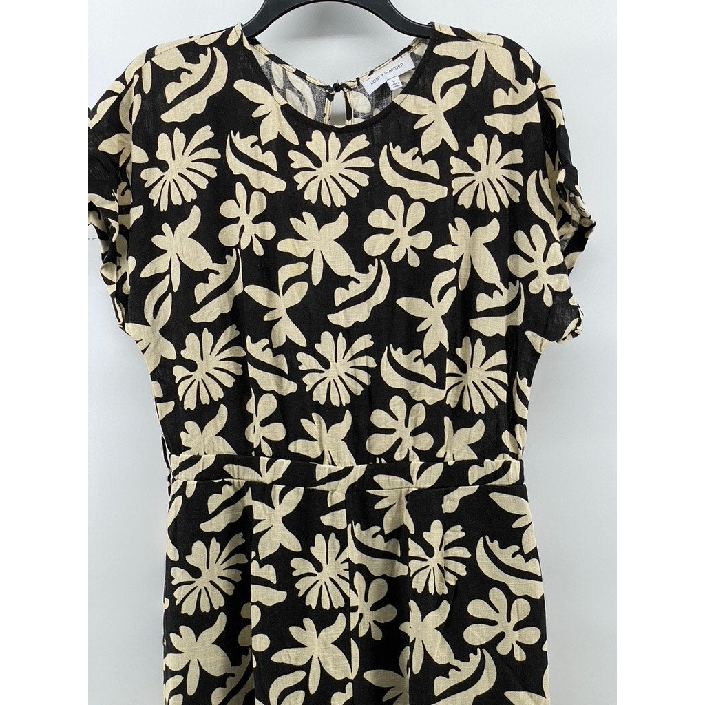 LOST & WONDER Women's Black-Beige Tropic Flair Printed Crewneck Jumpsuit SZ L