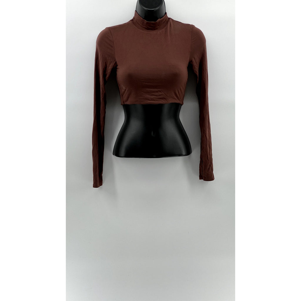 KLASSY NETWORK Women's Brown Seamless Long Sleeve Turtleneck Cropped Top SZ XS