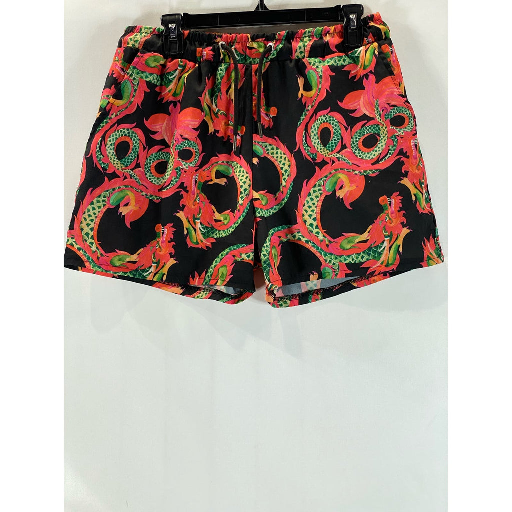 BOOHOO MAN Men's Red/Black Dragon Print Drawstring Pull-On Shorts SZ L