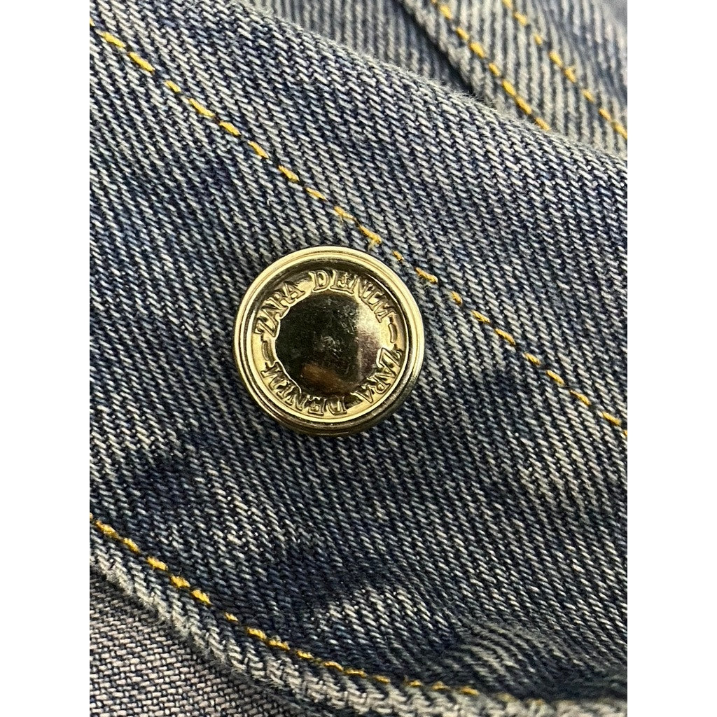 ZARA Women's Dark Navy Blue Denim Distressed Button-Up Oversized Jacket SZ M