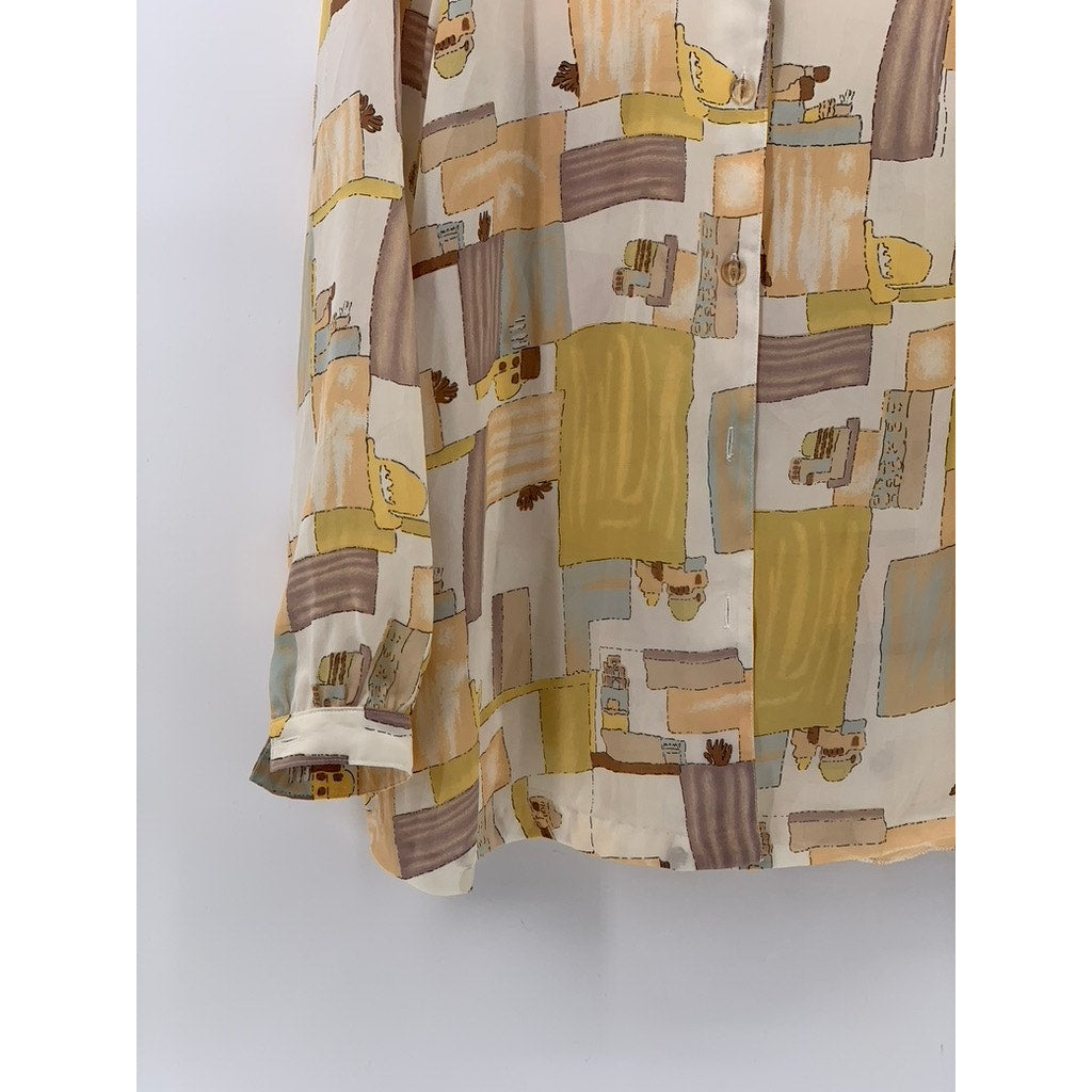 CA MEE Women's Vintage 70's Tan-Beige Square Print Button-Up Long Sleeve Top SZM