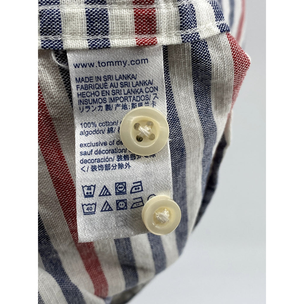 TOMMY HILFIGER Men's Blue-Red Striped Classic-Fit Button-Up Shirt SZ L