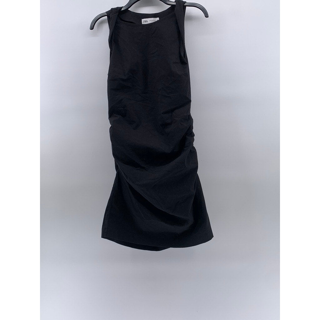 ZARA Women's Black Solid Crewneck Sleeveless Side Ruched Bodycon Mini Dress SZ M