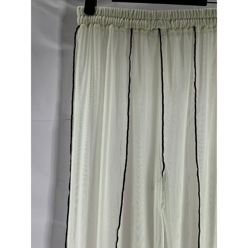MOSSKAH Women's White Cream/Black Drawstring Striped Mesh Pant Cover Up SZ S