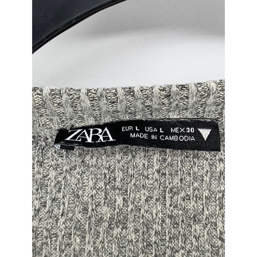 ZARA Women's Light Gray Ribbed Crewneck Long Sleeve Waist Tie Top SZ L