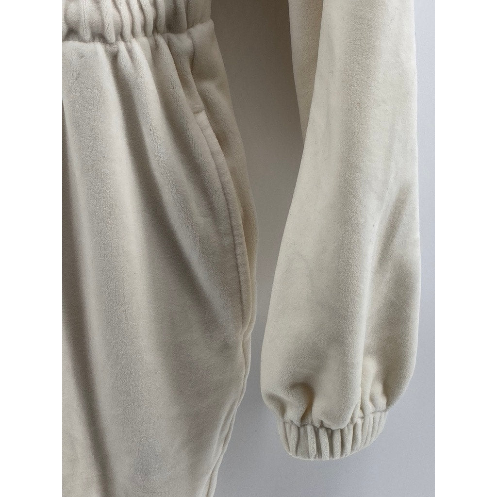 FOREVER 21 Women's Cream Fleece Half-Zip Drawstring Waist Hooded Jumpsuit SZ S