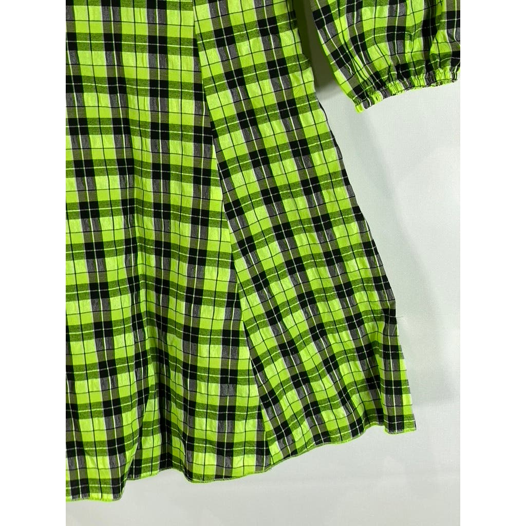 CIDER Women's Black/Green Neon Plaid V-Neck Long Sleeve Mini Dress SZ S(US4)