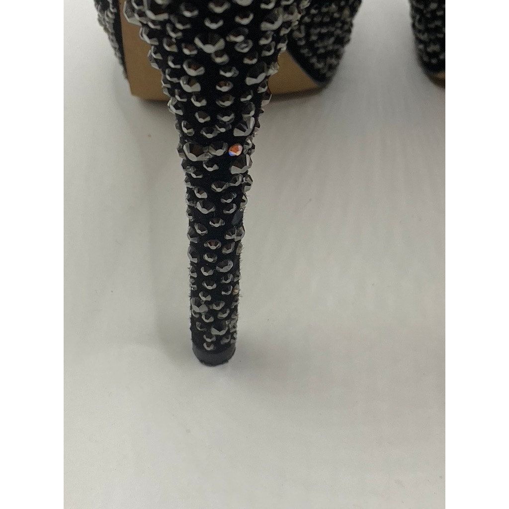 BRIAN ATWOOD Women’s Black Rhinestone Embellished Peep-Toe Platform Pumps SZ 6.5