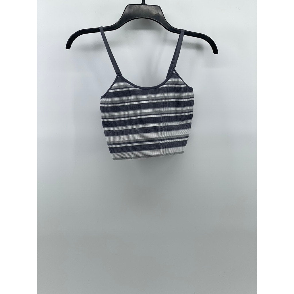 SKINNYGIRL Women’s Gray Striped Scoop-Neck Spaghetti Strap Cropped Tank Top SZ M