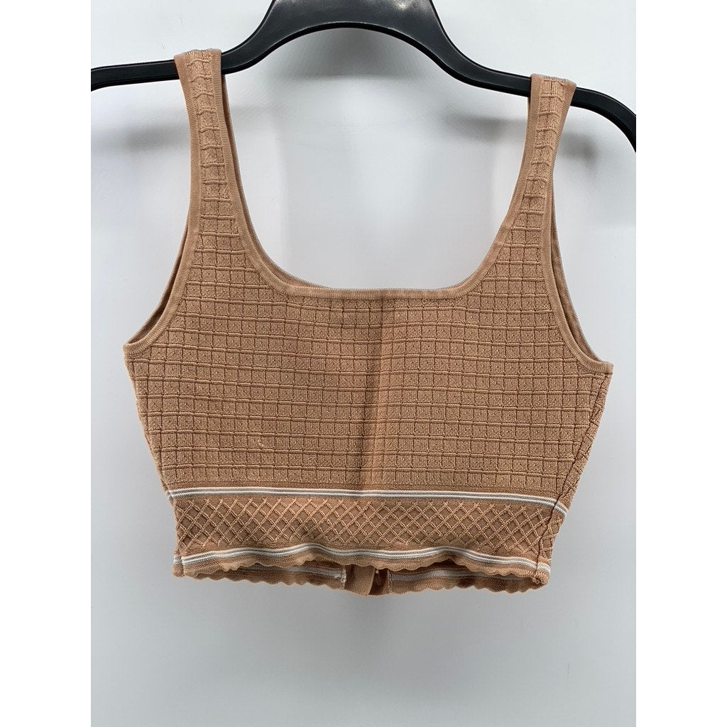 BABATON Women's Tan Sculpt Knit Button-Front Straight-Neck Cropped Tank Top SZ M