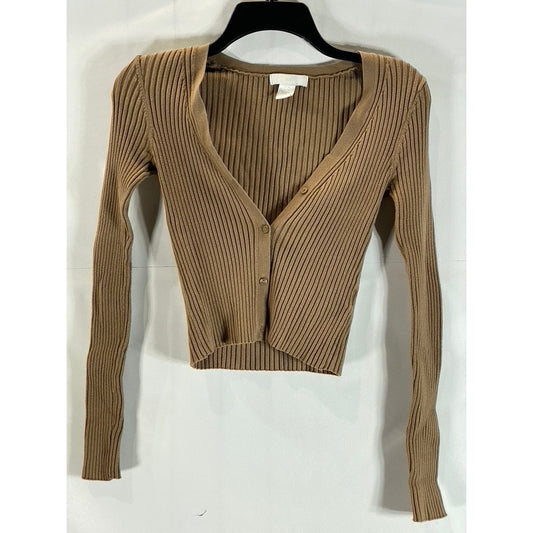 H&M Women's Brown Rib Knit V-Neck Long Sleeve Button-Up Cardigan SZ XS