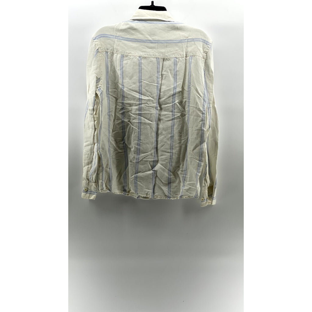 ZARA Men's White-Blue Striped Linen-Blend Button-Up Long Sleeve Top SZ M