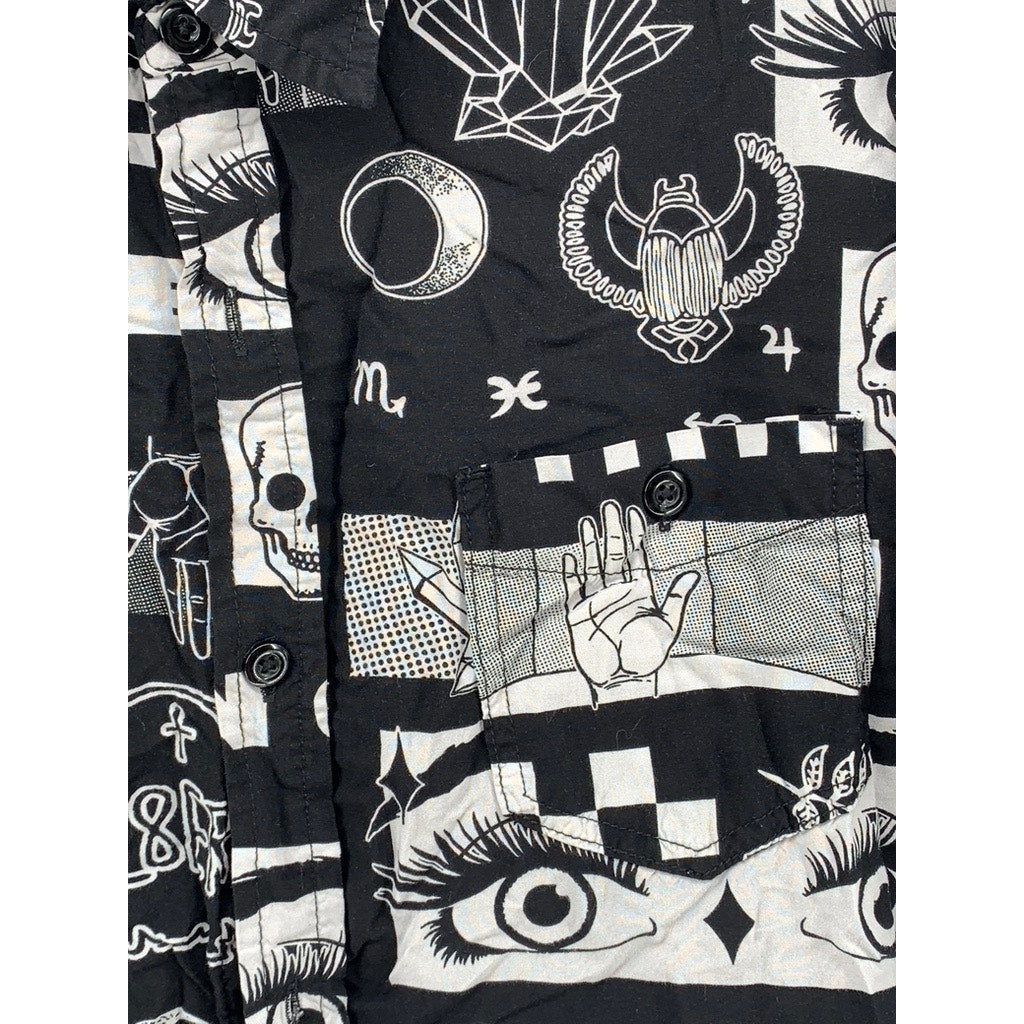 HOT TOPIC Men's Black-White Printed Nova Woven Button-Up Shirt SZ L