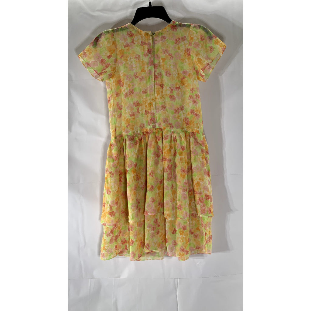 UNBRANDED Girls' Orange Floral Crewneck Short Sleeve Tiered Dress SZ L