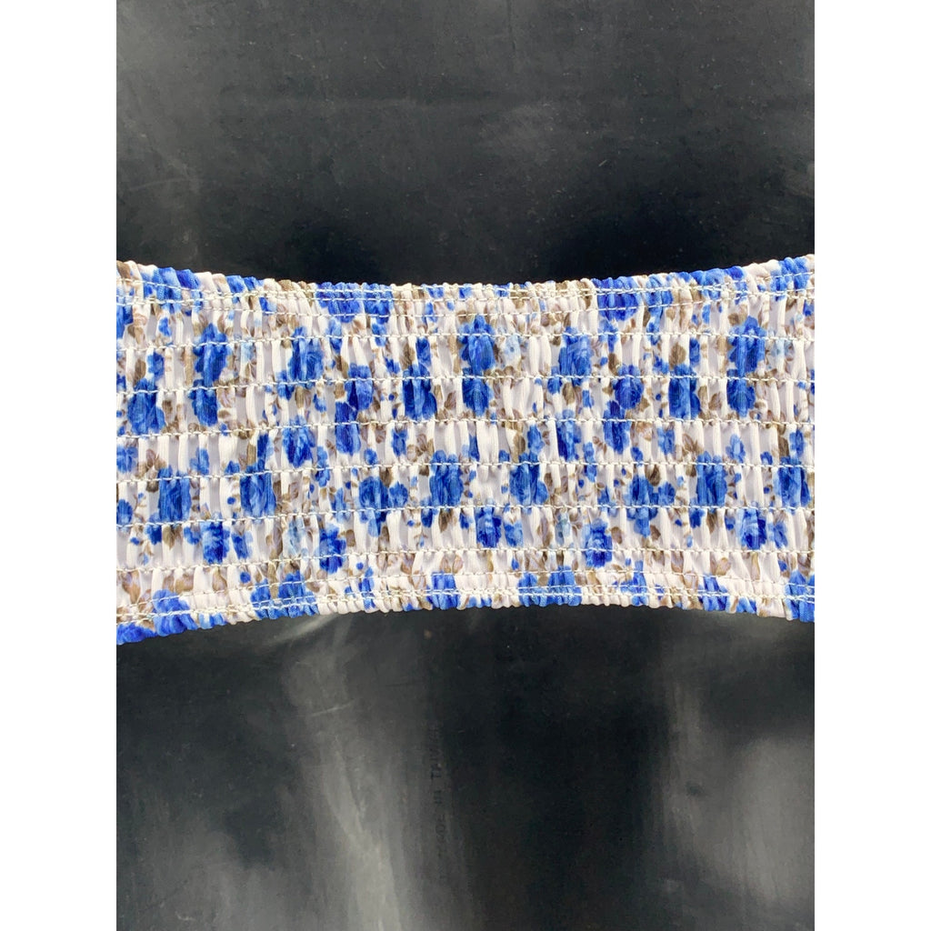 UNBRANDED Women's Blue-Yellow Smocked Tie-Front Keyhole Bandeau Swim Top SZ S