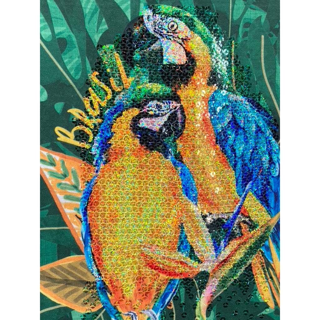 PIERIM Women's Green Sequin-Embellished Macaw Crewneck Short Sleeve Top SZ L